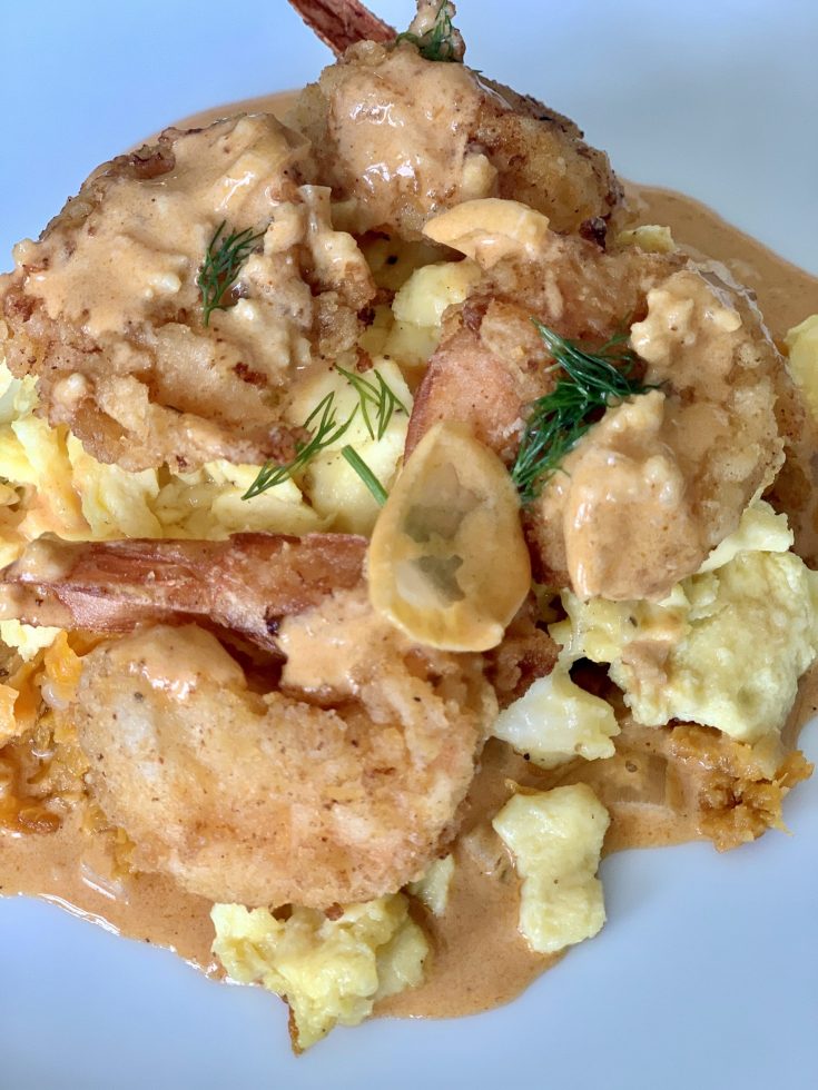 Buttermilk Fried Shrimp, Brunch Eggs, Sweet Potato Hash, Cajun Cream Sauce