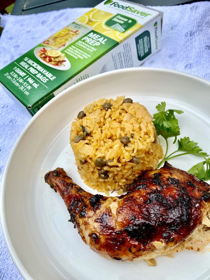 Oven-Baked BBQ Jerk Chicken with Arroz con gandules